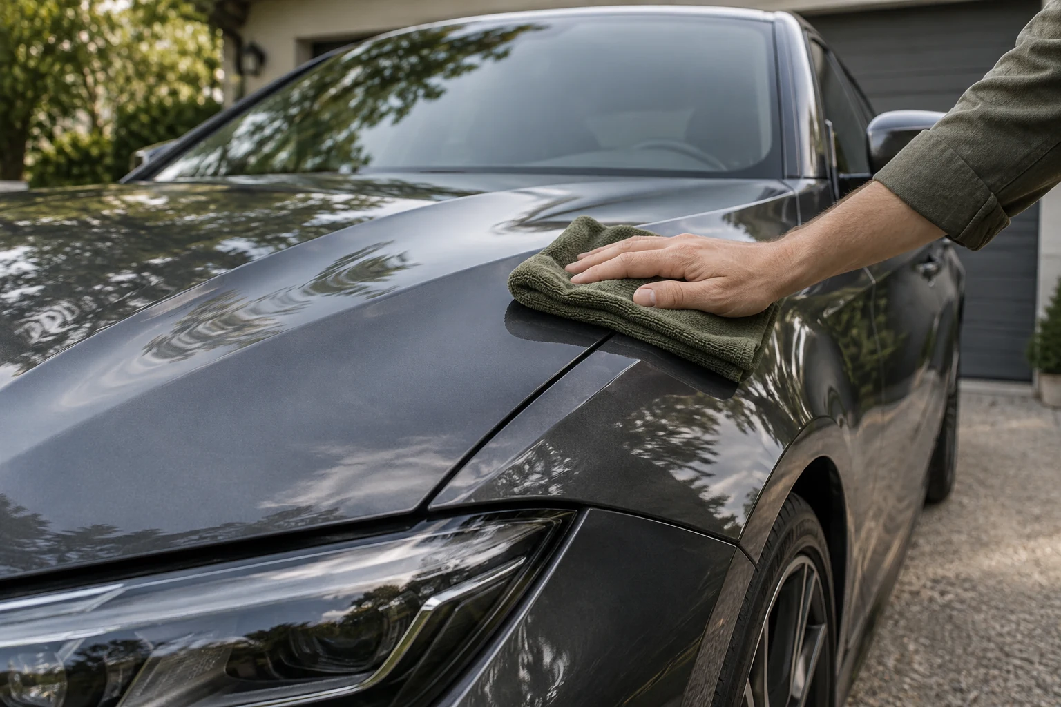 Un geste d’entretien avec une microfibre sur la carrosserie grise d’un véhicule, en lumière naturelle.