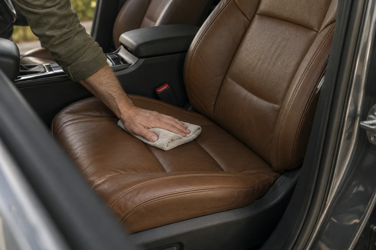 Entretien d’un siège automobile en cuir brun avec une microfibre, sous une lumière douce.